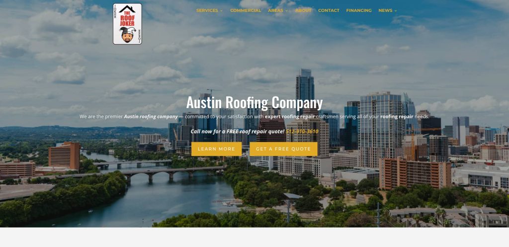 A cityscape of Austin, Texas featuring tall buildings and a river with bridges, overlaid with text promoting Austin Roofing Company’s services, contact information, and buttons for a free quote.