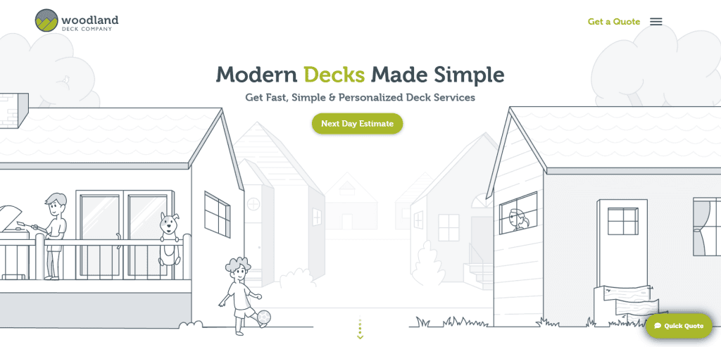 Illustration of two houses with families enjoying their decks. A child kicks a ball, a man uses a laptop, and another person grills. Website header reads Modern Decks Made Simple with site navigation and a “Get a Quote” button.