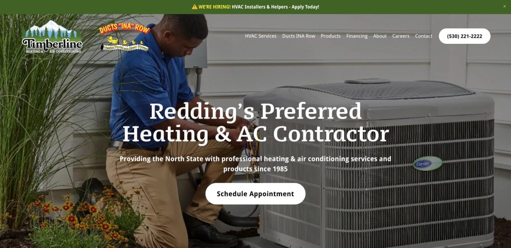 A technician in a blue shirt repairs an outdoor air conditioning unit. Text on the image reads “Redding’s Preferred Heating & AC Contractor” with options to schedule an appointment and contact for HVAC services.