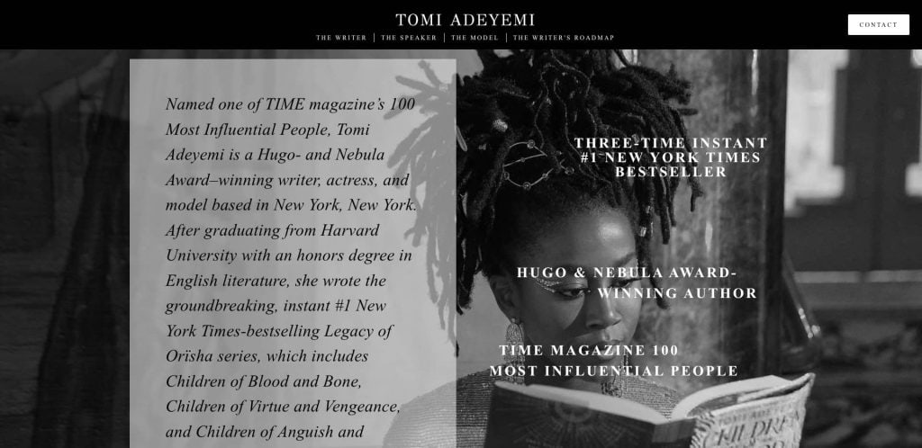 A black-and-white image of Tomi Adeyemi reading a book. Text overlays highlight her achievements: three-time NYT bestseller, Hugo & Nebula award winner, and inclusion in TIME Magazines 100 most influential people.