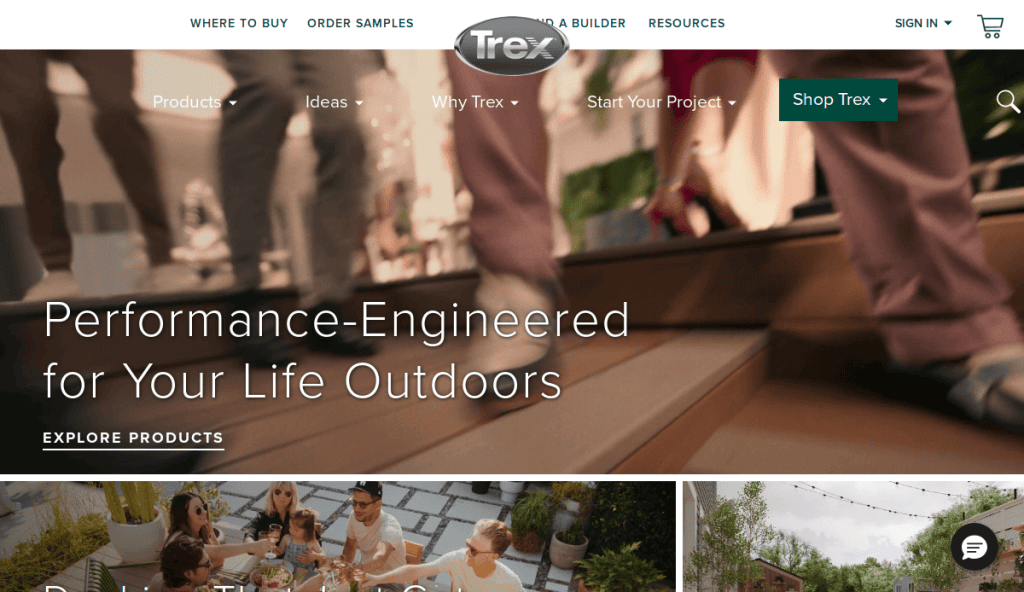 Screenshot of the Trex website homepage showing people standing on outdoor decking, with the text “Performance-Engineered for Your Life Outdoors” and navigation menus at the top.