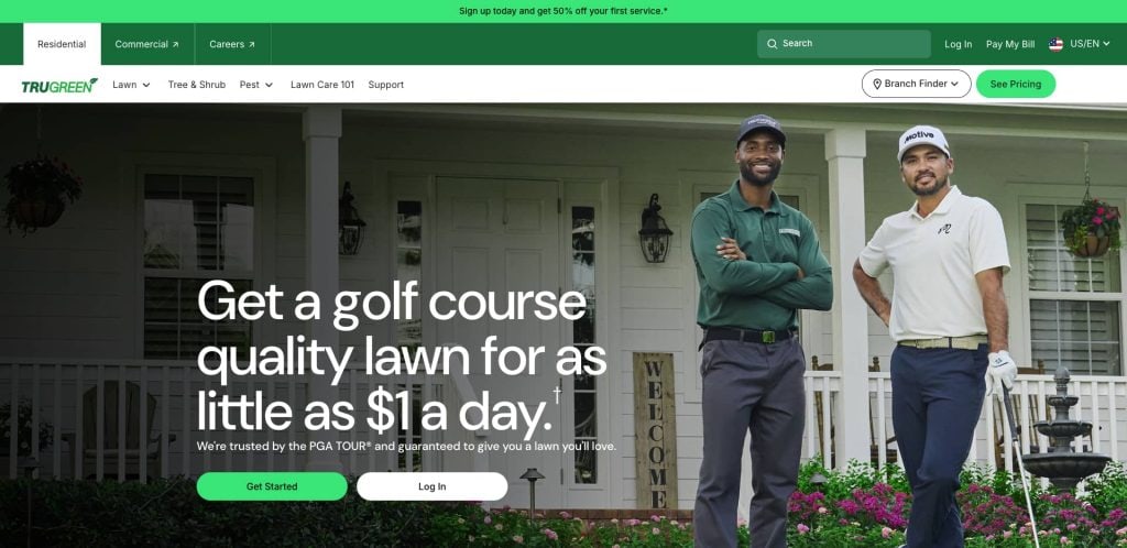 Two smiling men, one in a TruGreen uniform and the other in golf attire, stand on a porch with flowers and golf clubs. Text promotes TruGreen lawn care for as little as $1 a day, referencing PGA TOUR trust.
