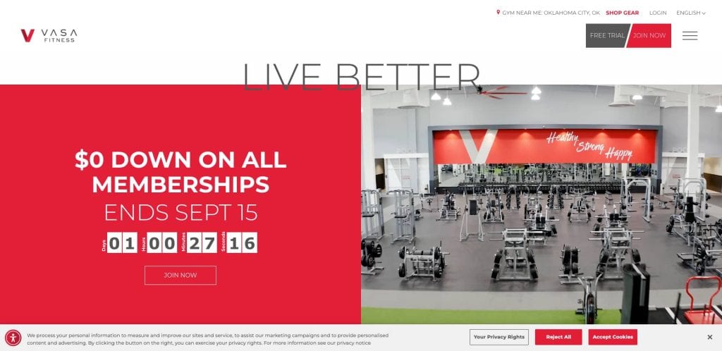 VASA Fitness website homepage showing a gym with workout equipment on the right and a red banner on the left promoting “$0 down on all memberships” ending September 15, with a countdown timer and “Join Now” button.