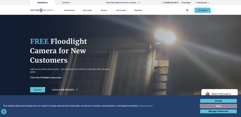 A Vector Security website page offers a free floodlight camera for new customers, showing a bright floodlight on a house at night and navigation buttons, with cookie consent options at the bottom.