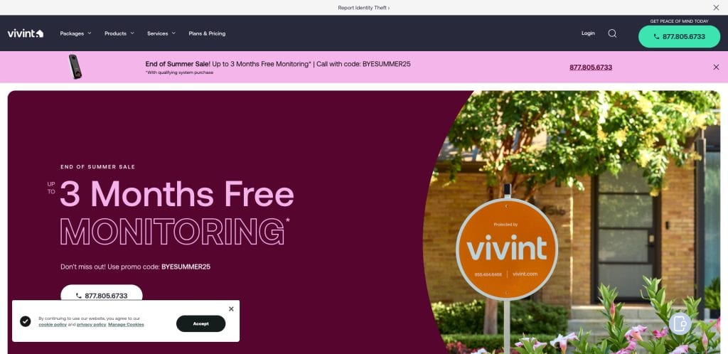 A Vivint website banner offers up to 3 months of free home security monitoring with promo code BEYOSUMMER25. A Vivint sign is displayed in front of a house with green bushes and a brick wall in the background.