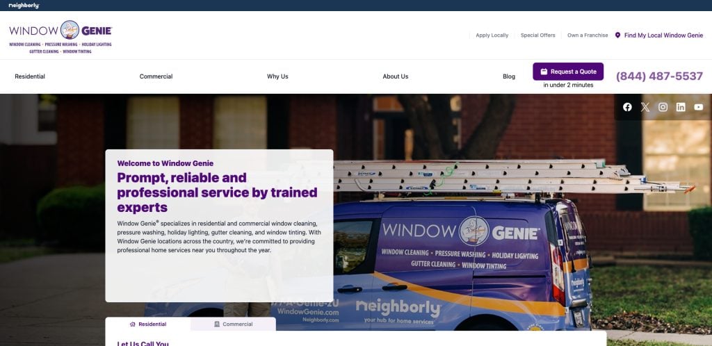 Window Genie website homepage shows a blue company van with ladders on top parked outside, with text promoting professional window cleaning and home services by trained experts. Navigation menu and contact options are visible.