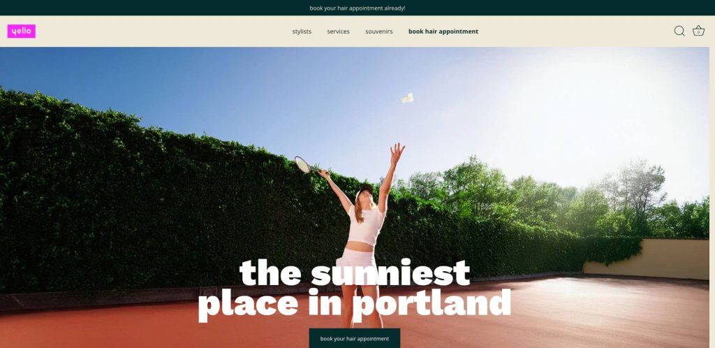 A woman in athletic clothing plays badminton on a red outdoor court under a bright, sunny sky, with green foliage and a wall in the background. Large white text reads, the sunniest place in portland.