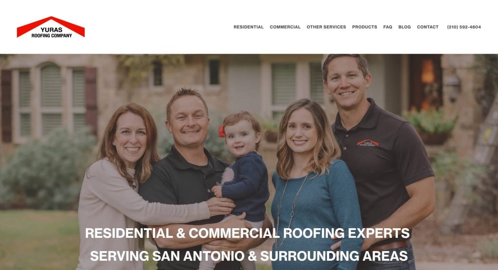 A smiling family of four and another man stand together outside a house, advertising Yuras Roofing Company as residential and commercial roofing experts in San Antonio and surrounding areas.