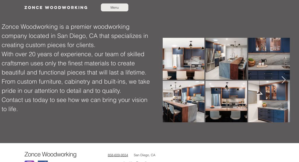 A website section for Zonce Woodworking shows a business description and five photos of modern kitchens with custom wood cabinetry, countertops, and shelves in different styles and finishes.