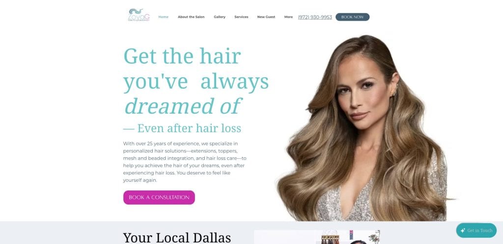 Screenshot of a salon website featuring a woman with long, voluminous hair. The headline reads, Get the hair youve always dreamed of—Even after hair loss. Buttons for booking and consultation are visible.