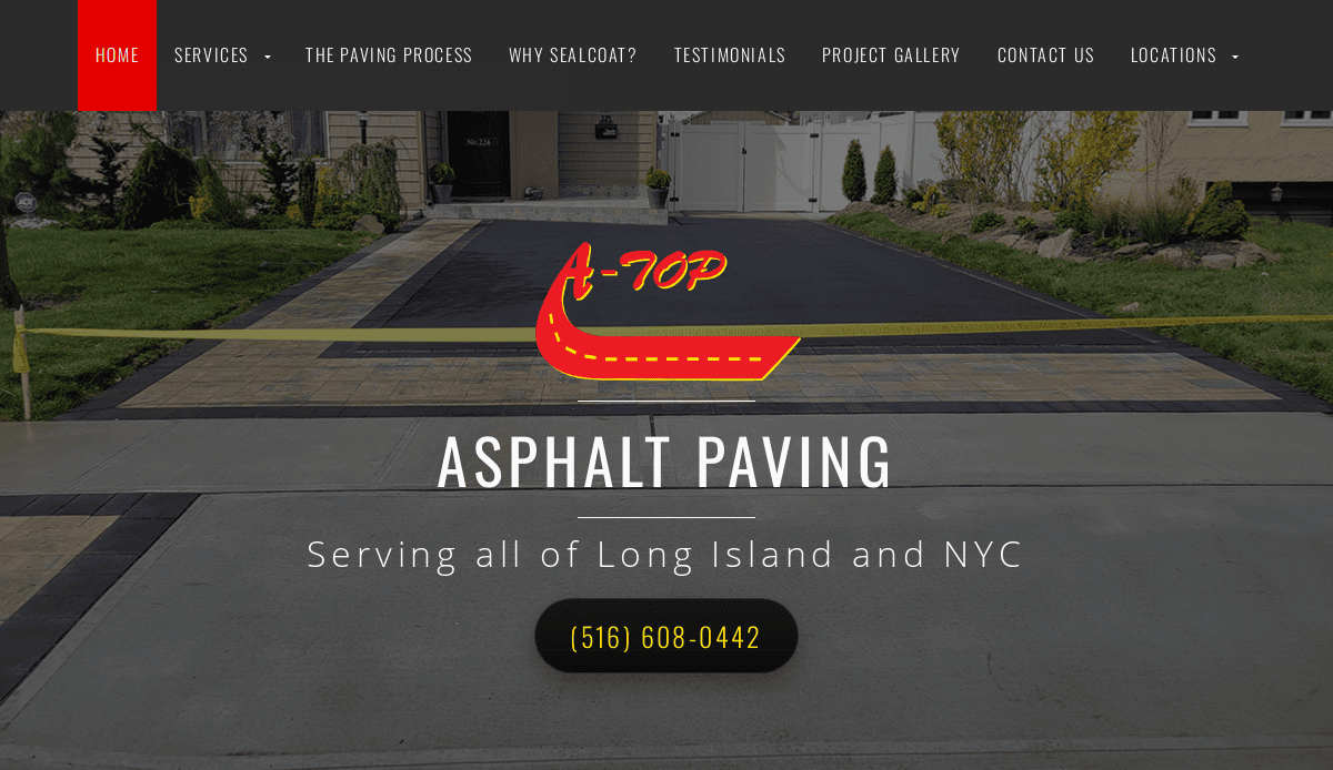 A newly paved residential driveway with landscaping on both sides, a yellow caution tape across the entrance, and a website banner reading A-Top Asphalt Paving—your asphalt contractor serving all of Long Island and NYC. Contact us for drives results!.