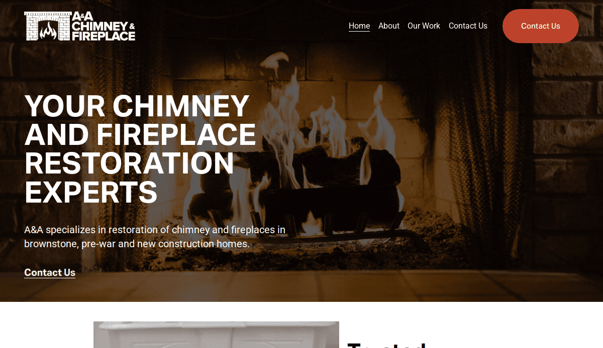A website homepage for A&A Chimney & Fireplace, featuring a glowing fireplace and bold text: Your Chimney and Fireplace Restoration Experts. Clean chimney website design includes top navigation links, contact buttons, and is optimized for SEO.