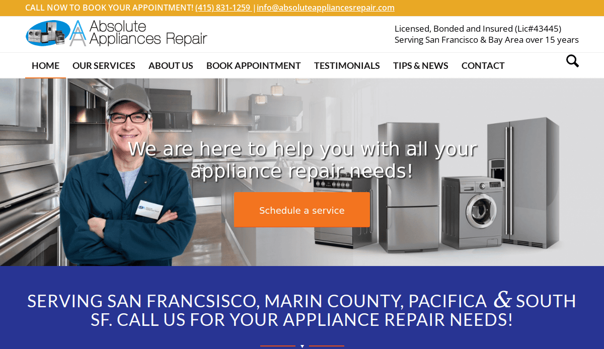 A professional repair technician stands with arms crossed in front of modern kitchen appliances. The website header showcases expert appliance repair services in San Francisco and nearby areas, with a button to schedule a service.