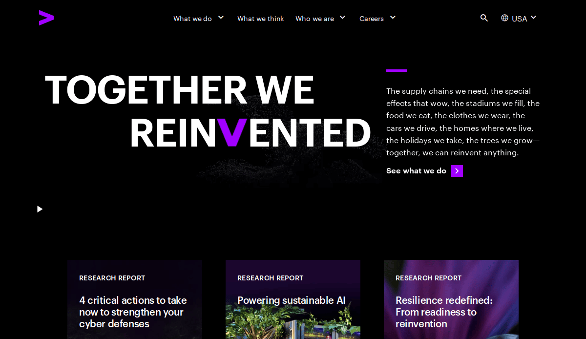 A consultant website design homepage featuring “TOGETHER WE REINVENTED” in bold white text on black, a concise pitch to the right, and three research report cards below—crafted to help you build a website that wins clients.