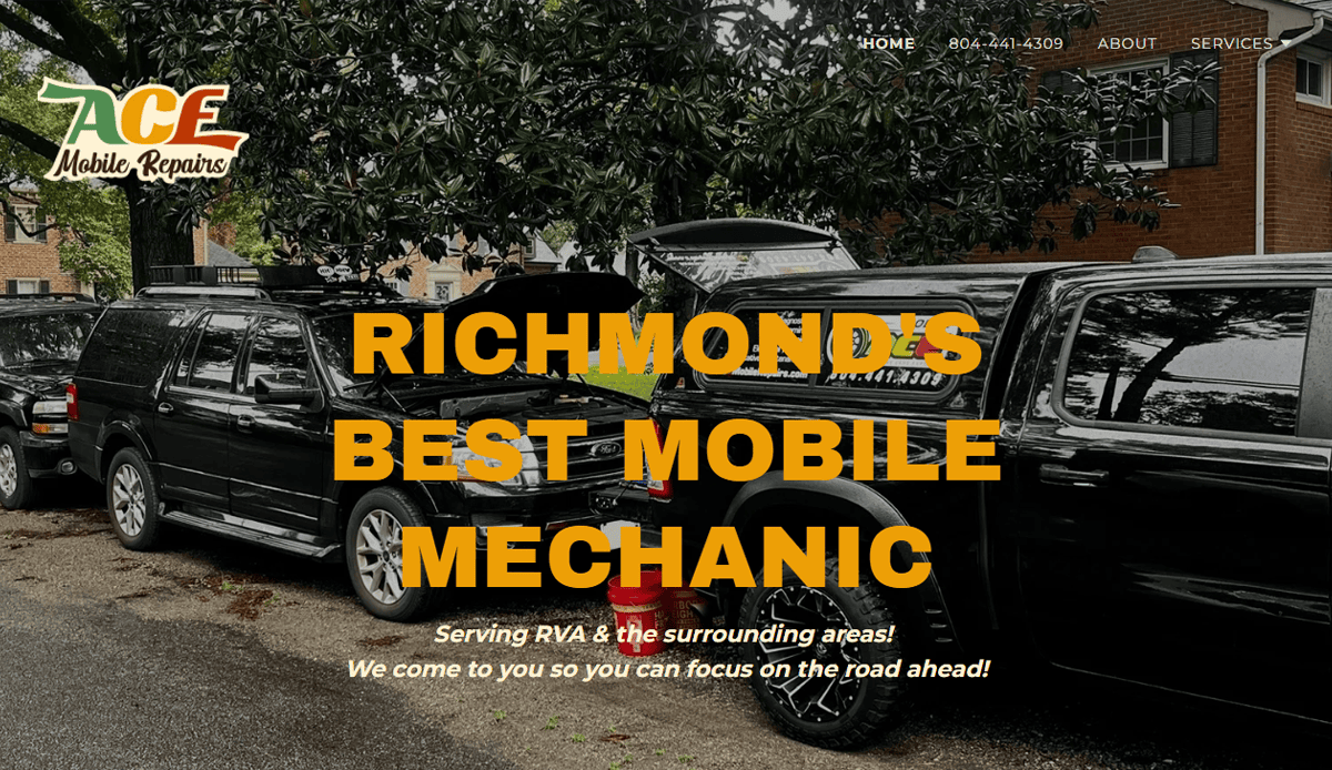 Three black SUVs parked on a residential street with their hoods open under tree shade. Bold yellow text reads, “Richmond’s Best Mobile Mechanic & Cell Phone Repair. Serving RVA & the surrounding areas!”.