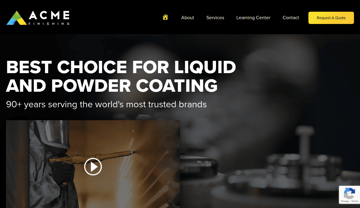 Website homepage of Acme Finishing featuring the text Best Choice for Liquid and Powder Coating and an image reminiscent of a professional carpet cleaning website design. Navigation options and a yellow Request A Quote button are visible at the top.