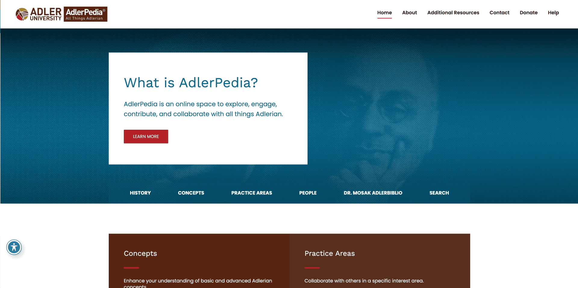 Screenshot of the AdlerPedia website homepage featuring a description of AdlerPedia, a red Learn More button, navigation menu, and sections for history, concepts, practice areas, and Adlerian resources for Fort Lauderdale professionals.