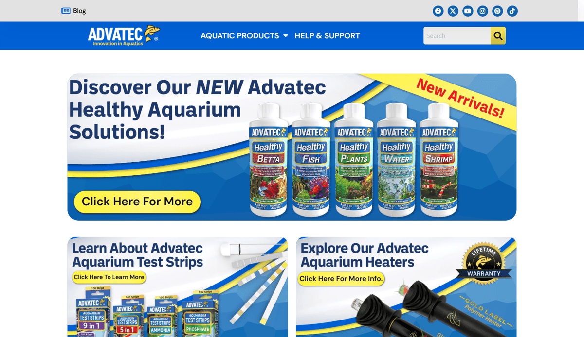 Screenshot of the Advatec aquarium website design homepage featuring various care products. The main banner captivates visitors with new healthy aquarium solutions, including images of bottled products and links to test strips and heaters below.