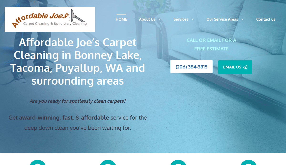 Screenshot of Affordable Joe’s carpet cleaning website design, featuring a sofa and spotless carpet, with text advertising their cleaning services in Bonney Lake, Tacoma, and Puyallup, WA. Contact info is clearly displayed.