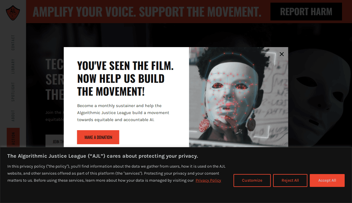 A website pop-up features a masked person beside a call-to-action—You’ve seen the film. Now help us build the movement!—urging donations to support accountable AI, with privacy policy options and thoughtful AI website design below.