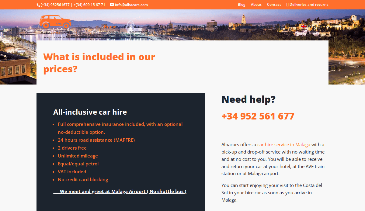Screenshot of an automotive website design with an orange and black theme, listing features of all-inclusive car hire and a contact number for assistance. A night-time cityscape borders the top, crafted to drive traffic and turn clicks into customers.