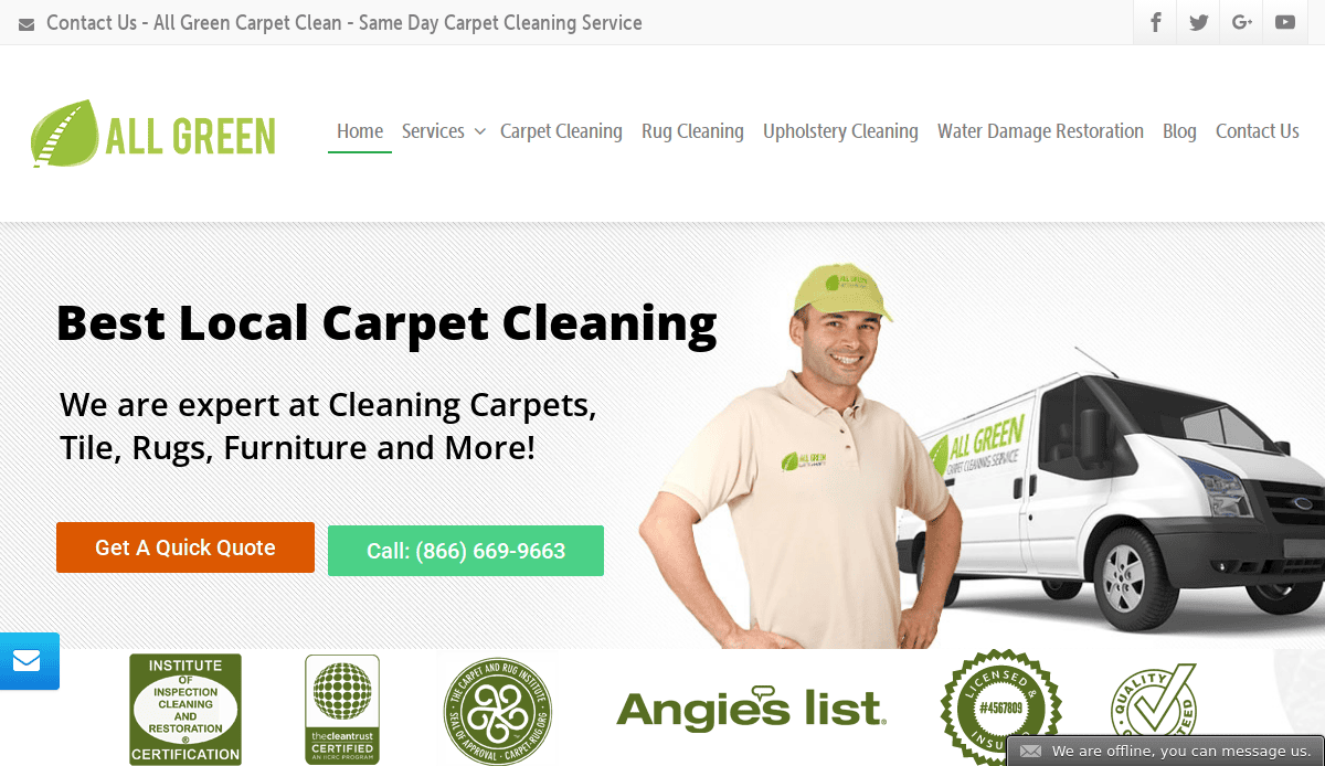 A smiling man in an All Green uniform stands before a branded van. This carpet cleaning website design features local service info, quick quote and contact buttons, plus certification and rating badges for trust and credibility.
