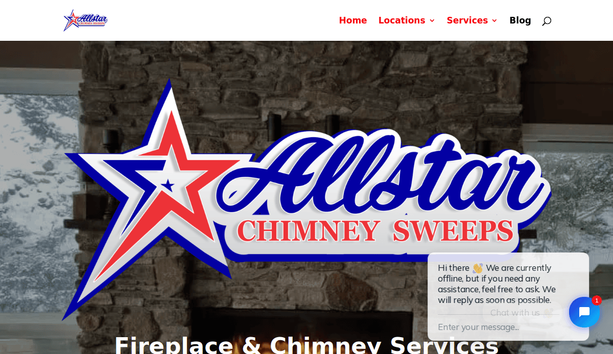 The homepage of Allstar Chimney Sweeps showcases a bold logo with a star over a stone fireplace, reflecting expert chimney website design. Navigation links and an SEO-friendly chat popup appear at the top and bottom right.