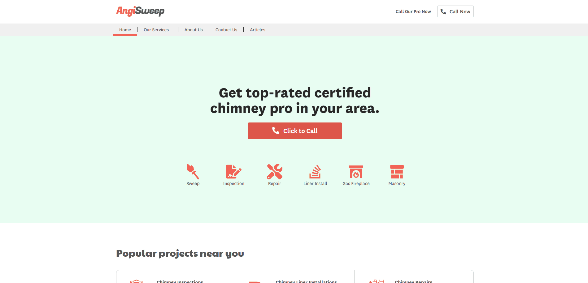 Website homepage for AngiSweep featuring a headline “Get top-rated certified chimney pro in your area,” a red “Click to Call” button, chimney service icons, navigation menu, and “Popular projects near you”—all crafted with expert chimney website design.