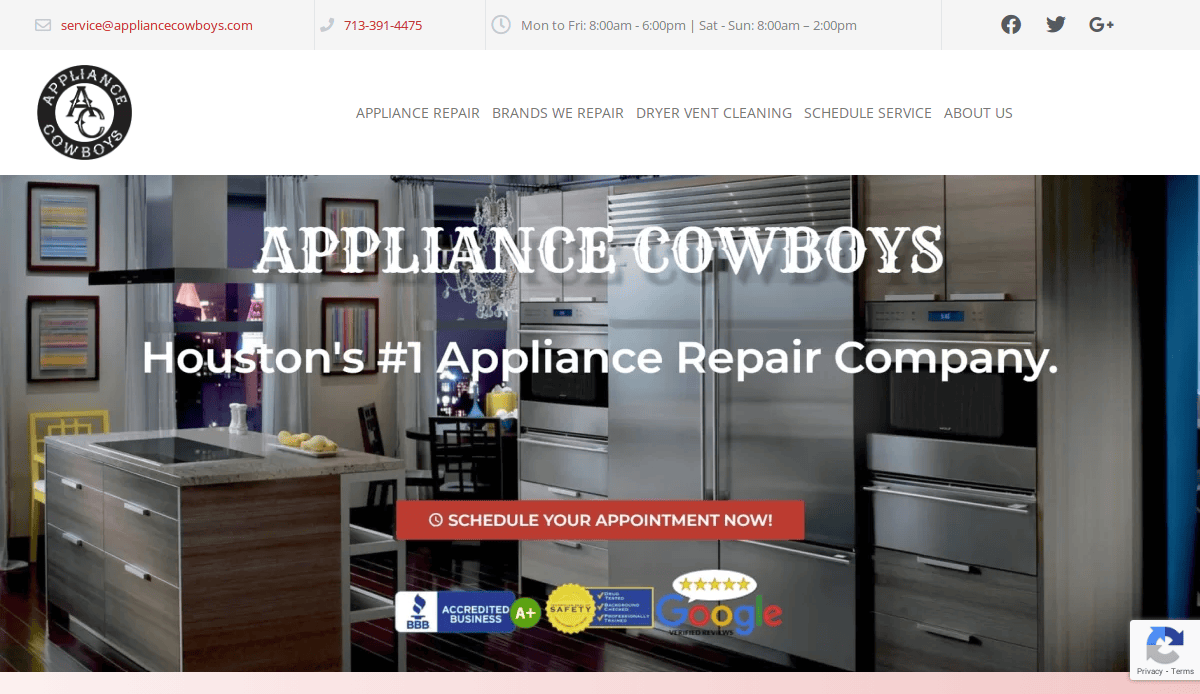 A modern kitchen with stainless steel appliances is shown. Text reads APPLIANCE COWBOYS, Houston’s #1 professional appliance repair company. A red button says Schedule Your Appointment Now! and contact info is at the top.