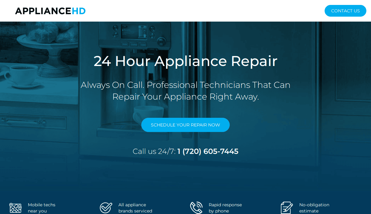 A professional website design for ApplianceHD advertises 24-hour appliance repair services, featuring a Schedule Your Repair Now button, contact number, and icons for mobile technicians, all brands serviced, rapid response, and free estimates.