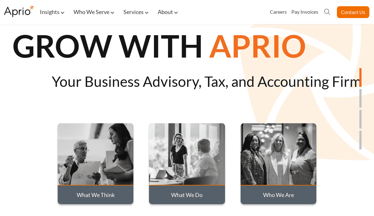 Screenshot of Aprio’s accounting firm website homepage. The header says “GROW WITH APRIO - Your Business Advisory, Tax, and Accounting Firm.” Below are three labeled images: What We Think, What We Do, and Who We Are.