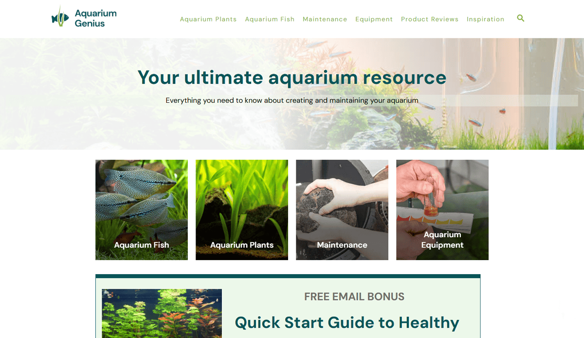 Screenshot of the Aquarium Genius aquarium website homepage featuring sections for Aquarium Fish, Plants, Maintenance, and Equipment, plus a banner offering a free email bonus guide to healthy aquariums.