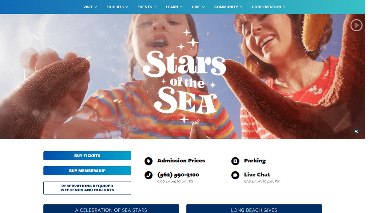 Two people excitedly touch sea stars in an aquarium exhibit. The text Stars of the Sea is overlaid on the image, showcasing engaging aquarium website design. Blue menus provide ticket info, admission details, parking, and a helpful aquarium guide below.
