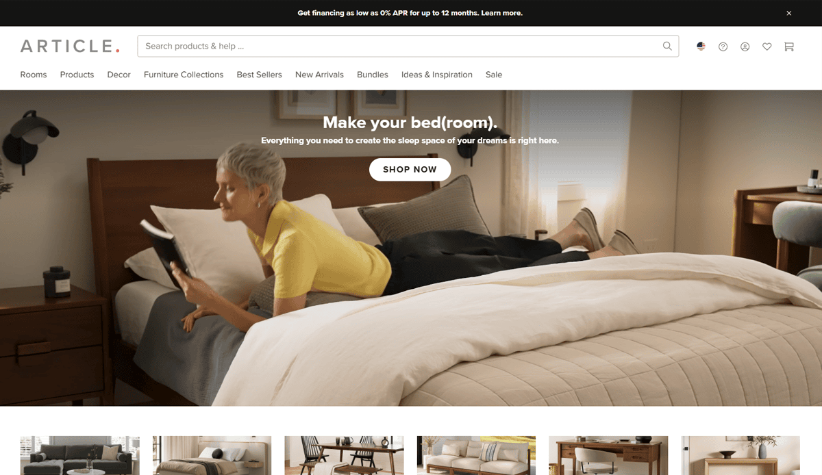 A person with short blond hair lies on a neatly made bed reading a book in a modern, stylish bedroom. The webpage header and menu options from ARTICLE., showcasing expert Furniture Website Design, are visible at the top.