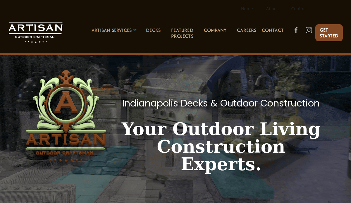 Screenshot of the Artisan website design homepage featuring a poolside outdoor living area, company logo, navigation menu, and headline: Your Outdoor Living Construction Experts.