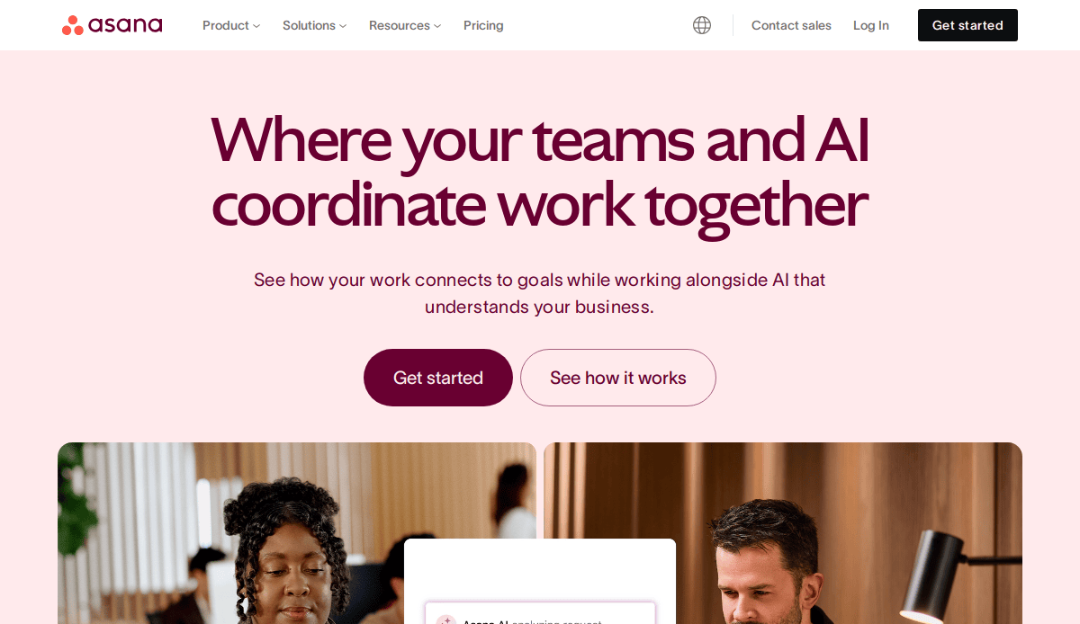 Screenshot of Asana’s homepage displaying the headline Where your teams and AI coordinate work together, with Get started and See how it works buttons, and a navigation menu—excellent inspiration for modern carpet cleaning website design.