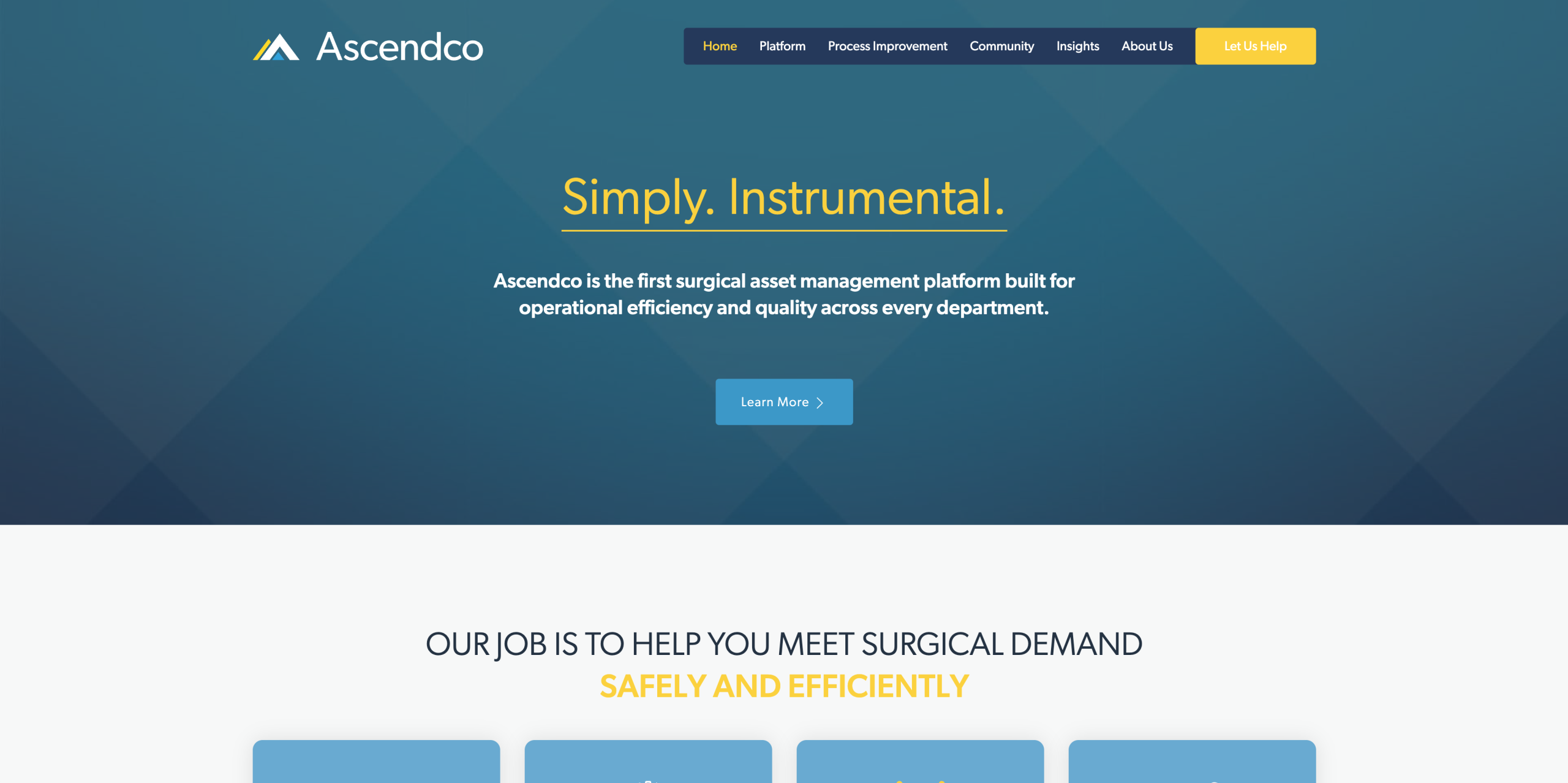 Screenshot of the Ascendos website homepage, featuring a blue background, logo, navigation menu, and headline: Simply. Instrumental., with a description about their Fort Lauderdale-based surgical asset management platform.