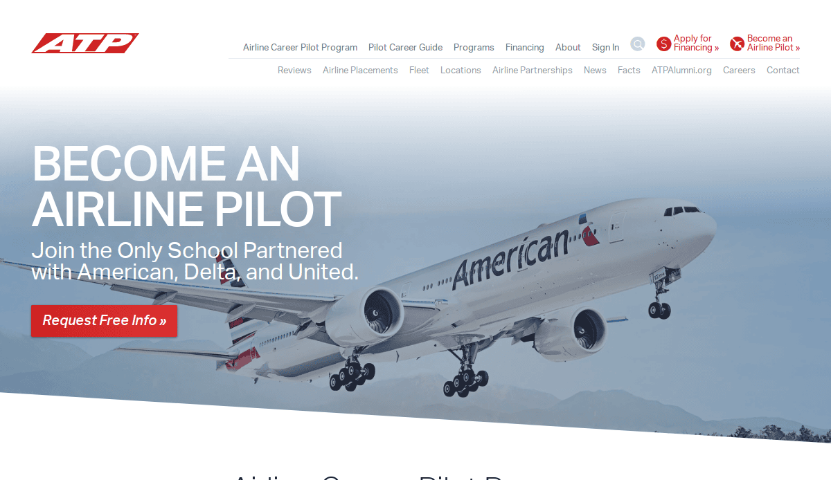 A large American Airlines jet takes off against a pale blue sky. White text reads, Become an airline pilot. Join the only school partnered with American, Delta, and United for future-proofing your career. A red button says, Request Free Info. ATP logo is at the top.