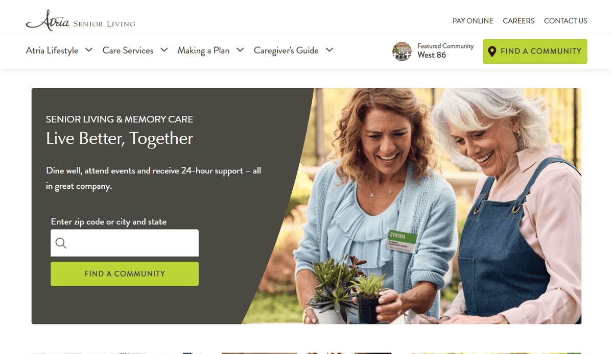 Two smiling women, one younger and one older, plant small plants together outdoors. This high-performing assisted living website design features a digital front door with an easy search bar to find senior living or memory care communities by zip code or city and state.