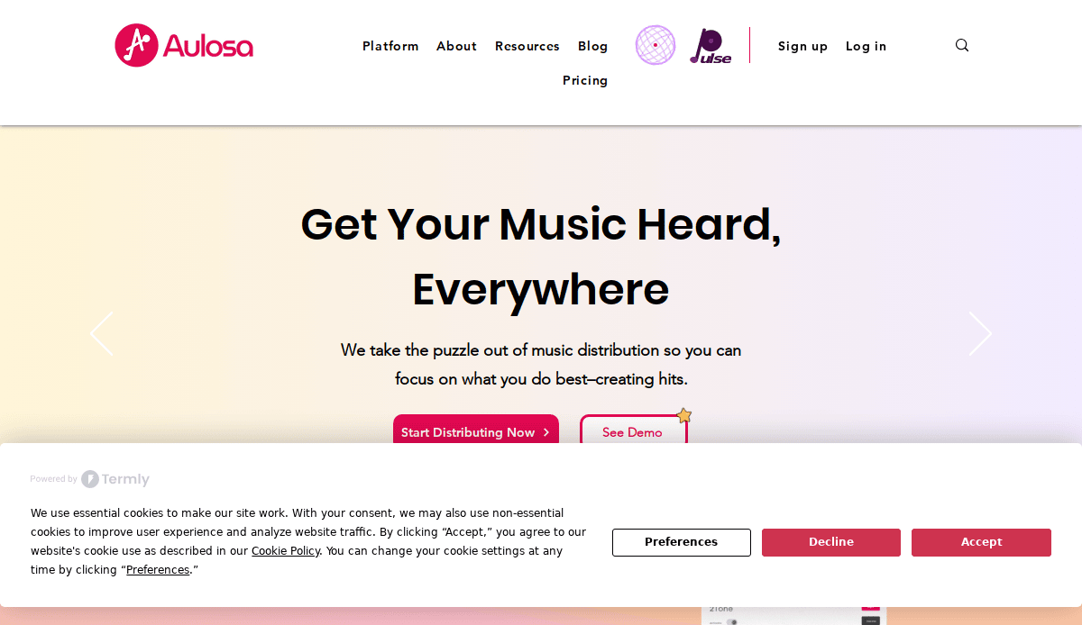 Screenshot of the Aulosa homepage, showcasing its AI website design with the tagline “Get Your Music Heard, Everywhere,” buttons for starting distribution and seeing a demo, plus a cookie consent pop-up at the bottom.