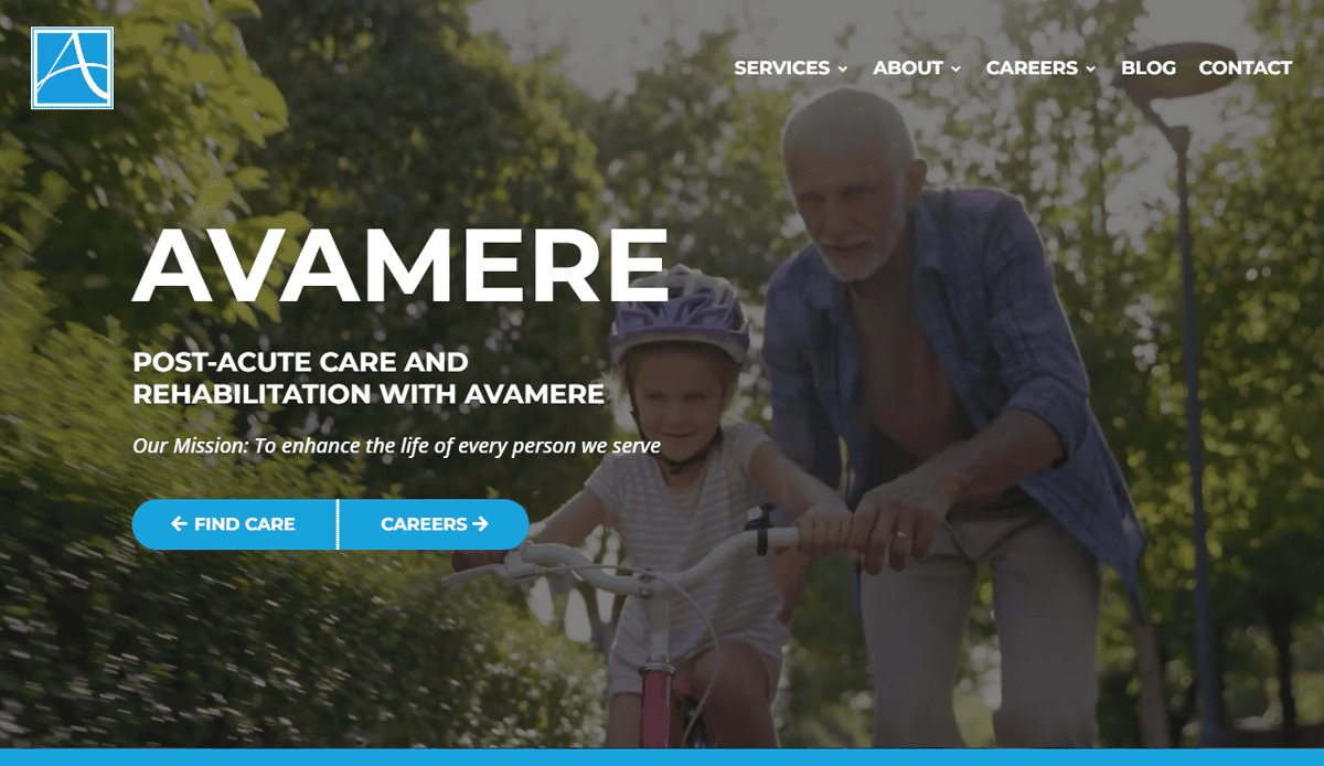 A smiling elderly man helps a young girl ride a bicycle outdoors. Both appear happy. The text reads, “AVAMERE: Post-acute care and rehabilitation—your Assisted Living Digital Front Door.” Buttons say “Find Care” and “Careers.”.