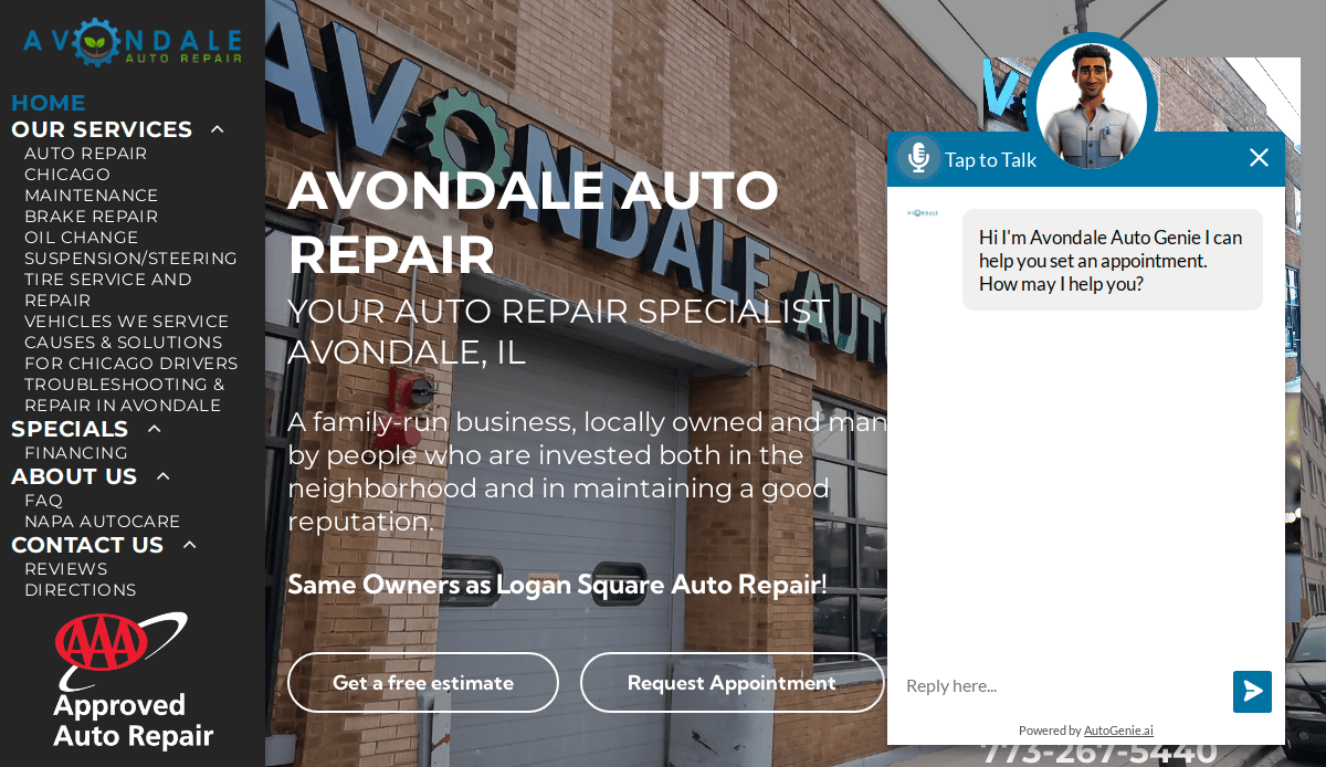 Screenshot of Avondale Auto Repairs’ car mechanic website design, featuring their storefront, a services menu on the left, and a chat box for appointment help. The AAA Approved Auto Repair logo is displayed at the bottom left.