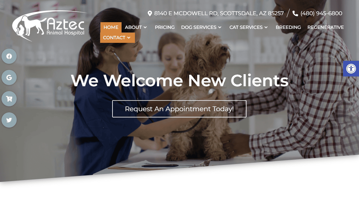 A veterinarian examines a small brown dog on an exam table at Aztec Animal Hospital. Text reads, We Welcome New Clients, highlighting our professional veterinary website with a button to request an appointment. Clinic contact details appear at the top.