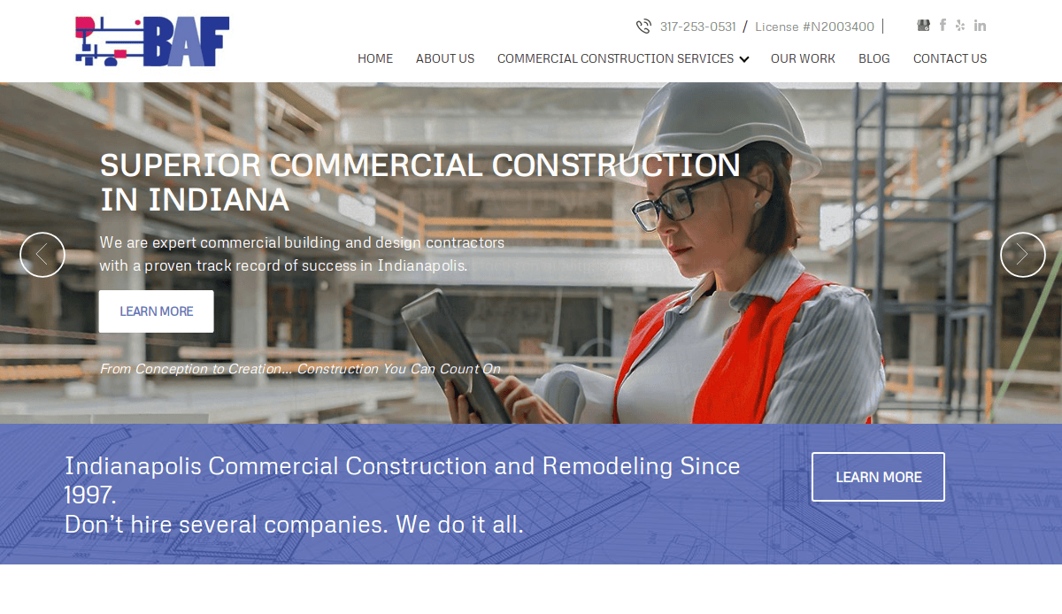 A woman in a safety vest and hard hat reviews documents at a construction site. Text highlights BAF’s commercial construction and civil engineering services in Indiana, and advertises their expertise as a trusted guide since 1997.
