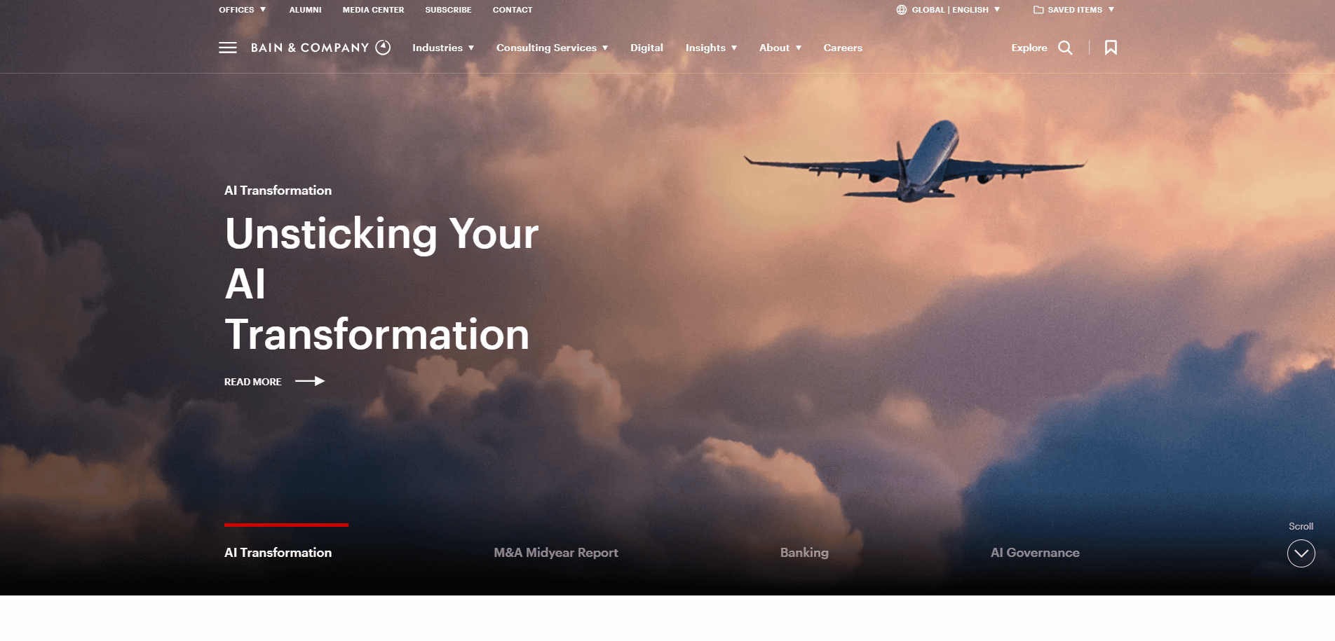 A commercial airplane ascends into a cloudy sky at sunset, featured on Bain & Company’s Consultant Website Design with the headline “Unsticking Your AI Transformation.” Navigation menus and article links appear at the top and bottom.