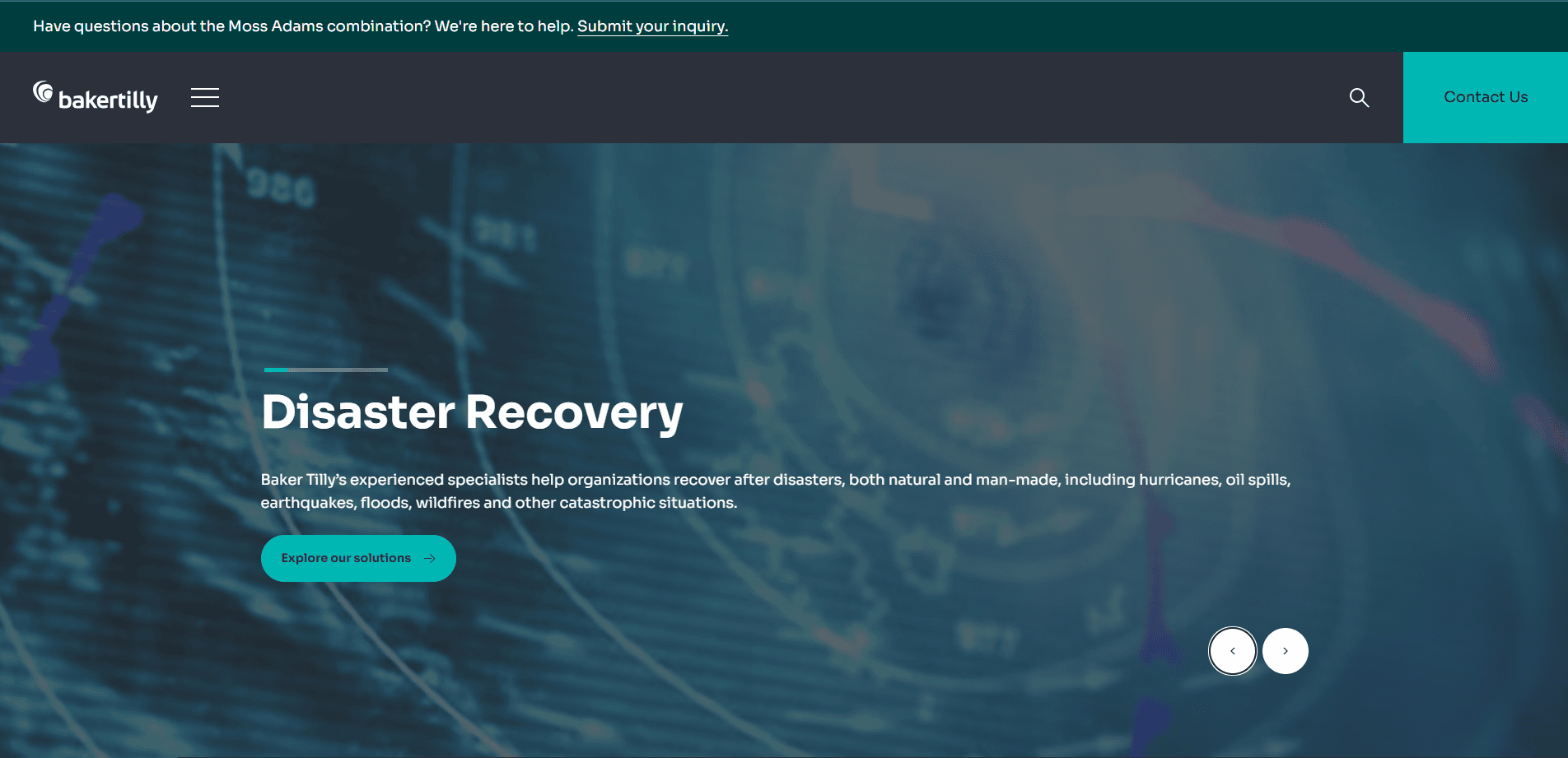A high-impact Accountant website page for Baker Tilly’s Disaster Recovery services, featuring details about building recovery support after disasters, a blue Explore our solutions button, and a background of abstract digital charts and graphs.