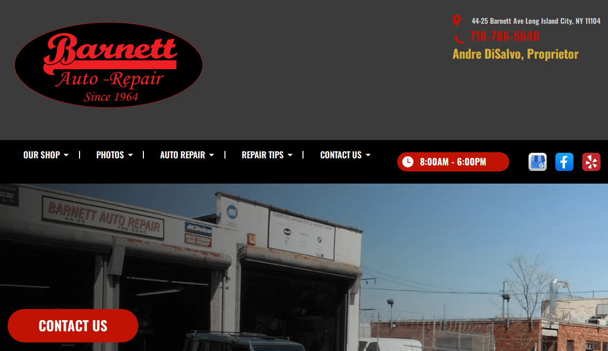 Screenshot of Barnett Auto Repair’s website, featuring a Car Mechanic Website Design that highlights the shop’s exterior, logo, contact information, business hours (8:00AM–6:00PM), and a prominent red Contact Us button.