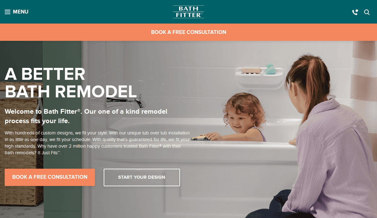 A young child plays with a toy boat in a white bathtub while an adult sits nearby. The Bath Fitter website, focused on bathroom remodeling, features booking and design tools designed to convert visitors into clients.