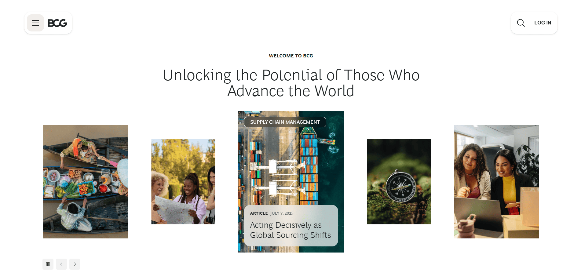 Screenshot of the BCG homepage featuring the text Unlocking the Potential of Those Who Advance the World, with images of people collaborating—a strong example for those seeking consultant website design that wins clients and inspires action.