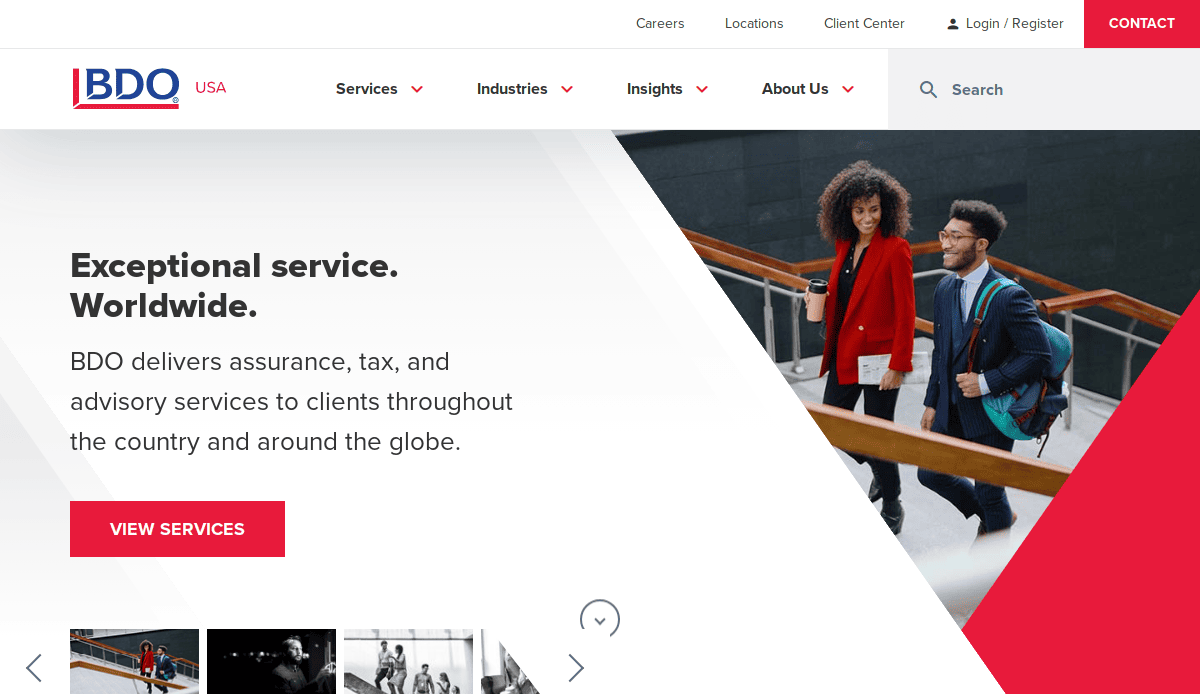 Screenshot of BDO USA accountant website homepage featuring a banner with Exceptional service. Worldwide. Two people walk up stairs, and navigation menus for Services, Industries, and Insights are at the top. A red Contact button is visible—ideal for high-impact accountants.